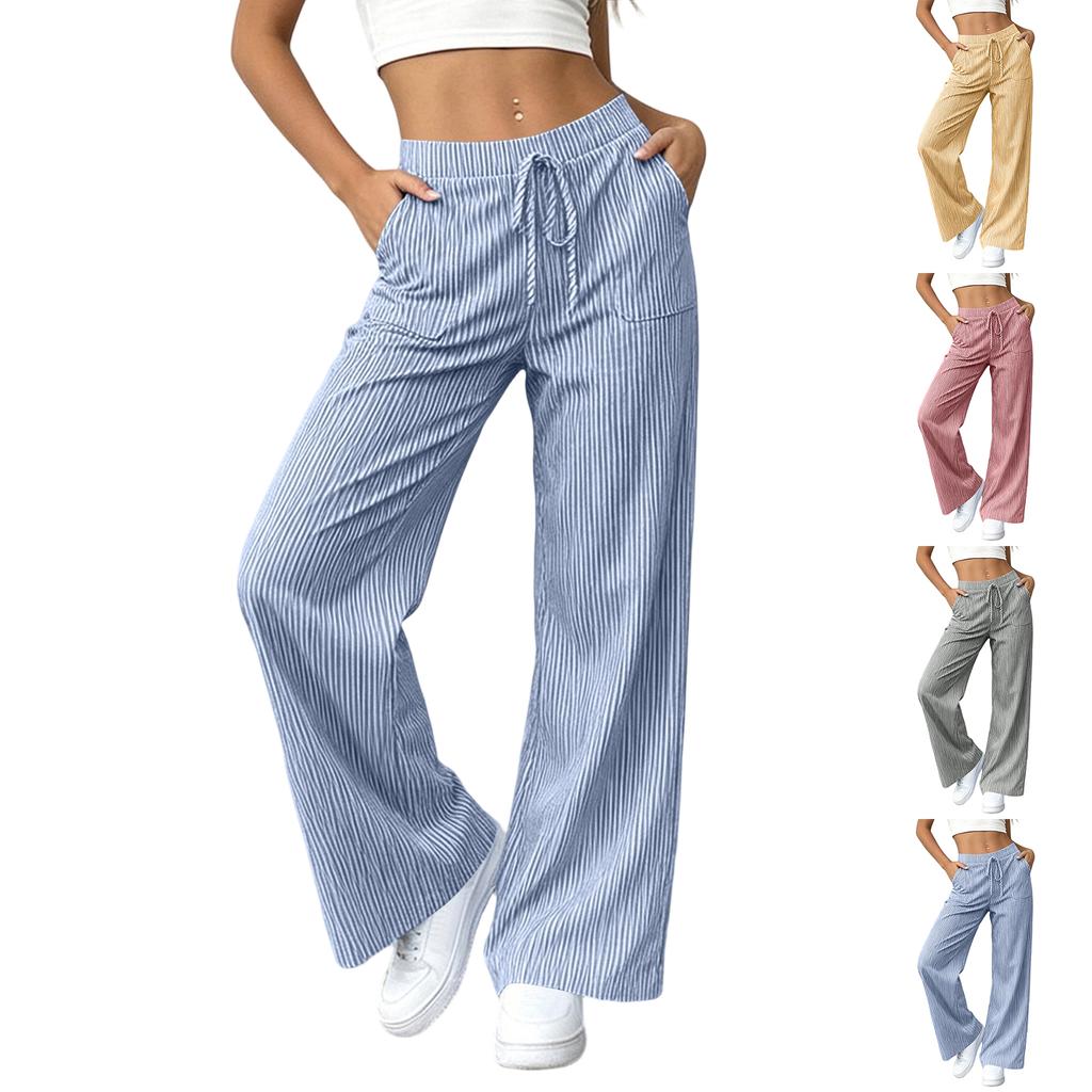 Pantalon Casual Rayé Ample à Taille Serrée Jambes Larges pour Femme avec Poches pour un Port Quotidien Confortable