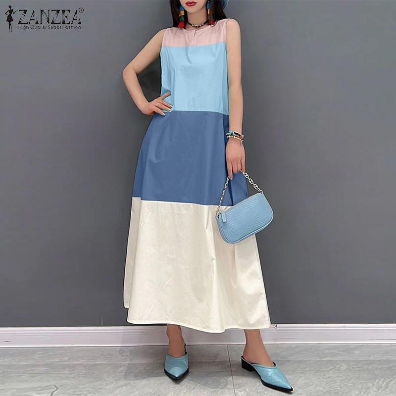 

ZANZEA Женское повседневное летнее платье без рукавов в стиле пэчворк с круглым вырезом 3XL зелёный