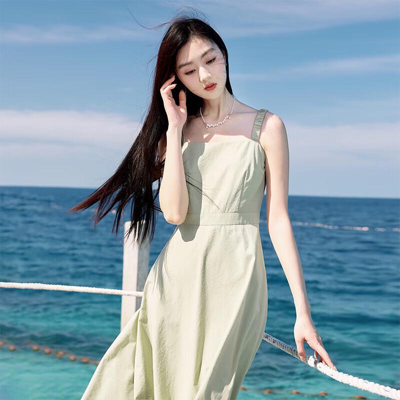 Xiangying Women s Elegant Green Suspender Midi Dress M