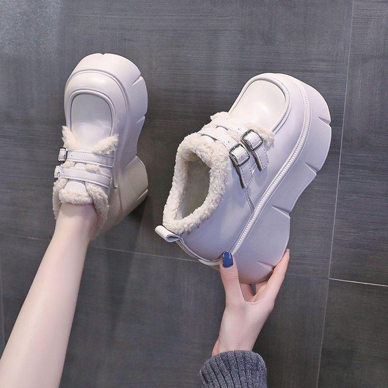 British style heightened platform cotton shoes, piled and thickened warm, small fluffy small leather shoes