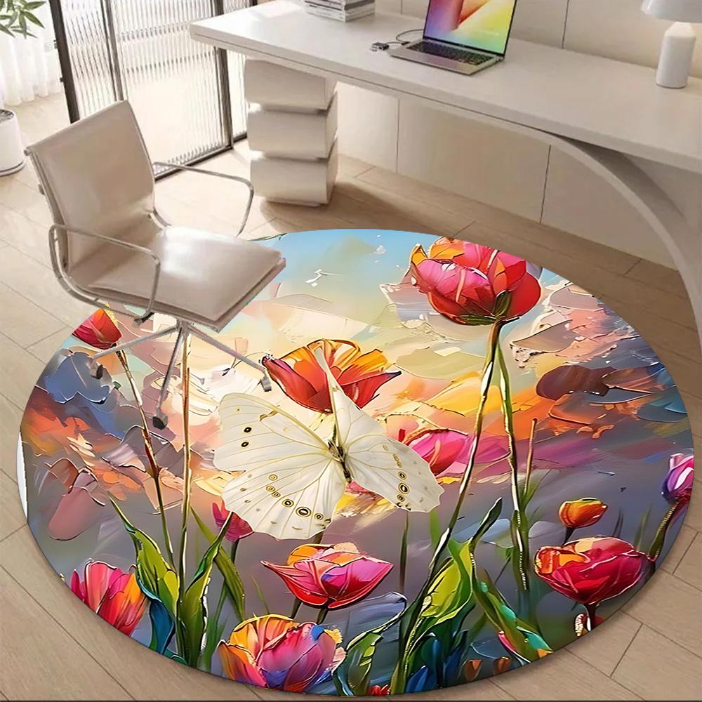 

1PC Butterfly Flowers Office Round Area Rug, Indoor Mat Suitable ForOffice, Under Office Chairs Bedroom Living Room Home Decor, Room Deco g033 80cm by 80cm