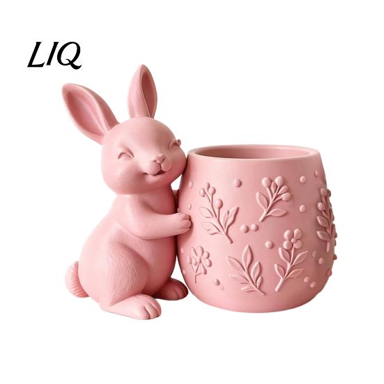 Desktop Ornament Planter 3D Printed Bunny Hugging Succulents Planter, Cute Rabbit Flower Pot with Embossed Small Green Plant Floral Body, Mini
