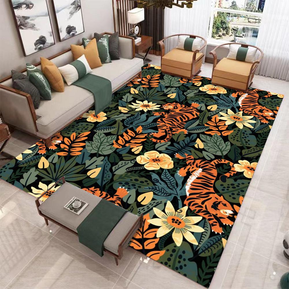 Large Realistic Tiger Floral Pattern Blue Living Room Carpet Decorative Indoor Area Rug Fit Gray Sofa Window Home Decoration Mat