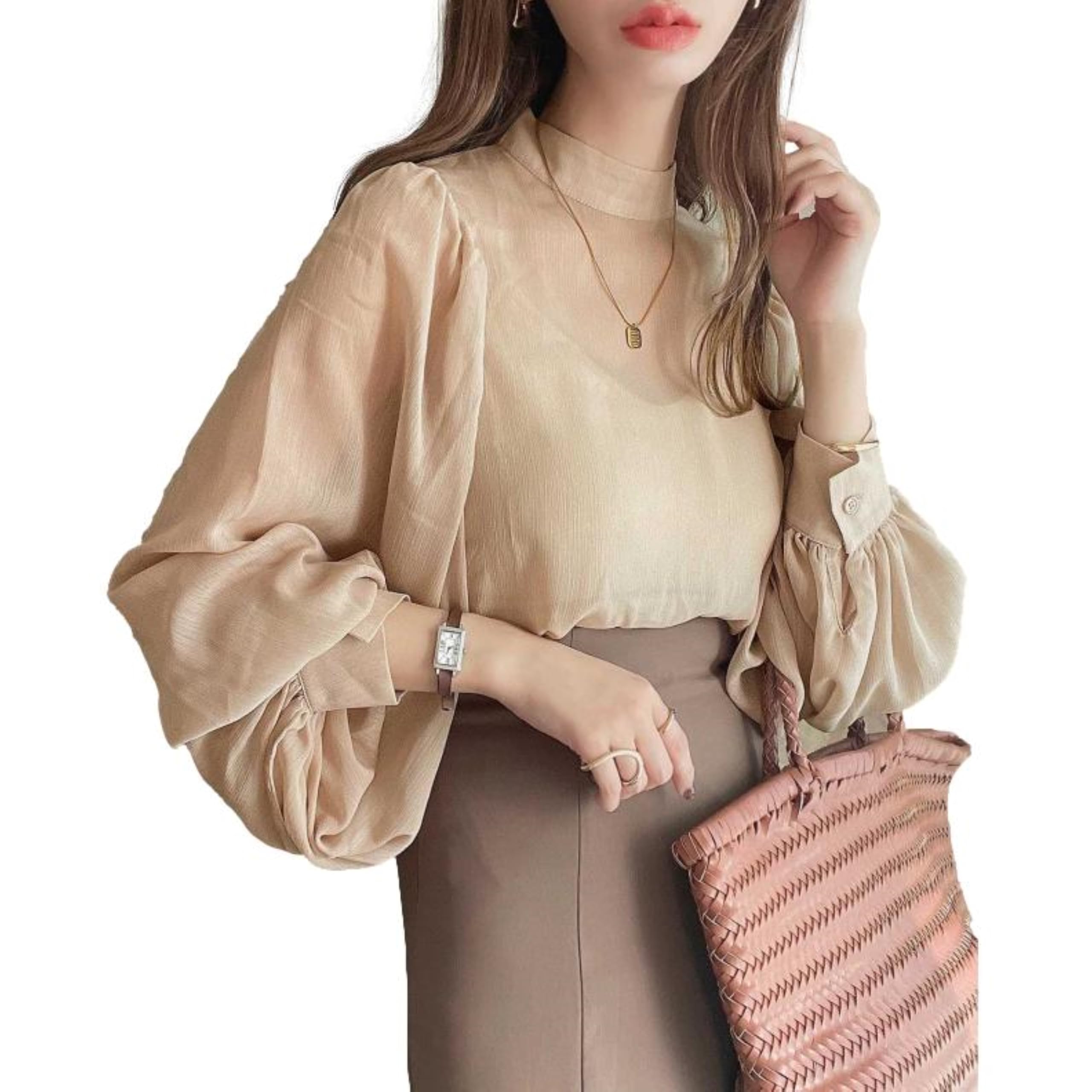

Blue Beryl Blouse and Cami Inner Voluminous Mock Women s Set, Cami, Sleeves, Neck, Sheer, Beige, BB048-BG-XL