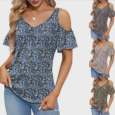 Damen 2023 Sommer Off-Shoulder V-Ausschnitt Bedrucktes Loose Top T-Shirt