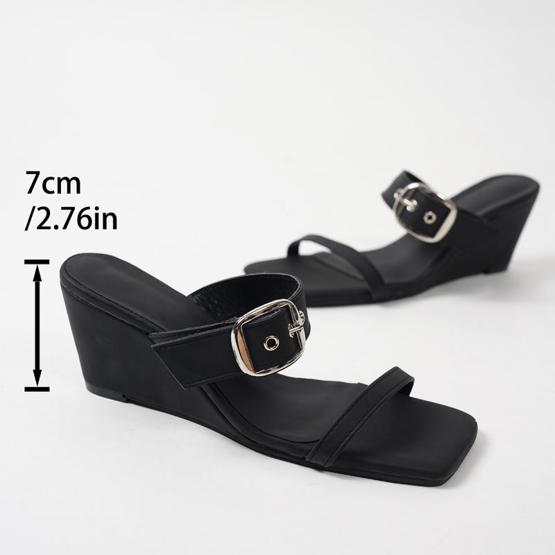 Punk Metal Buckle Decoration Black Sandals Women 2025 Summer Square Toe Wedge Heels Slippers Sexy Hi-Street Party Shoes Women