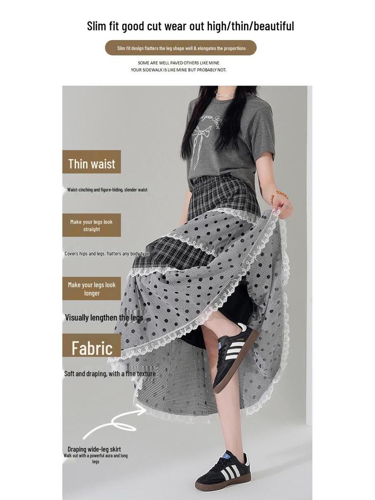 Jupe Midi en Dentelle à Pois Japonais: Ligne A, Étages, Doux, Style Collège pour la Garde-robe d'Été des Femmes