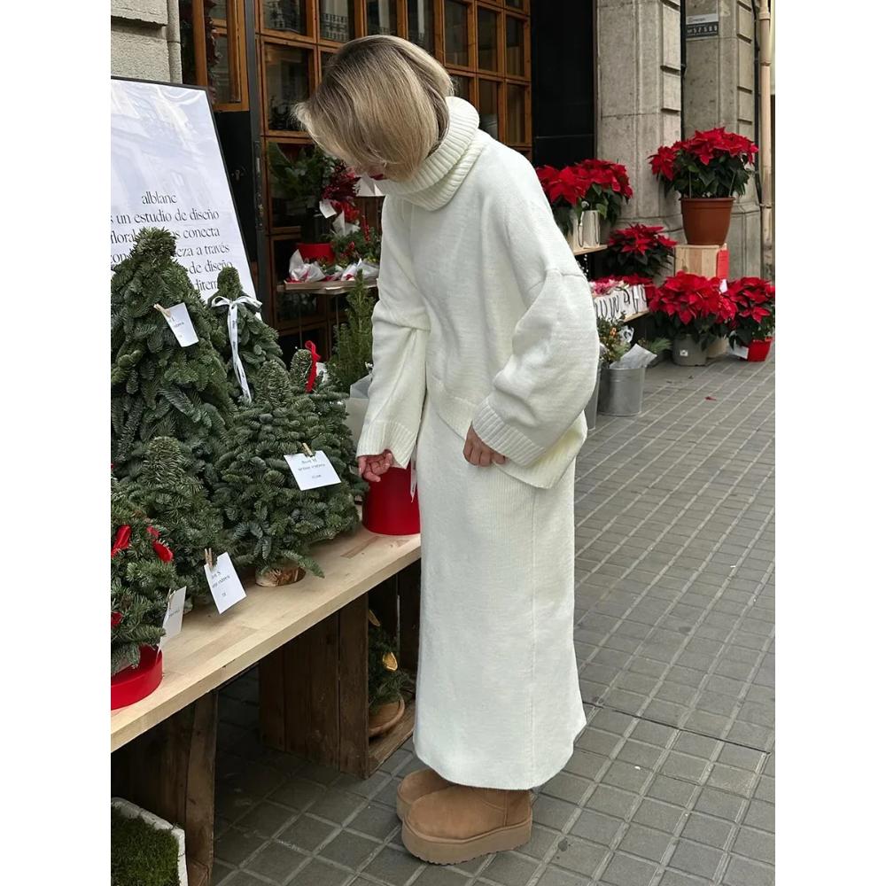 Women's Knitted Turtleneck Sweater Skirt 2- Piece Set  Autumn Winter Loose Knit Outfit Casual Warm Suit