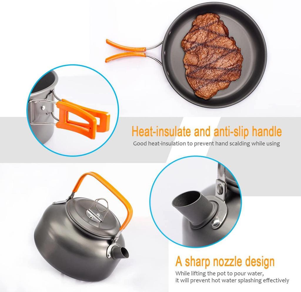Portable Outdoor Cookware Set for 2-3 People with Teapot - Hard Anodized Aluminum, New Product