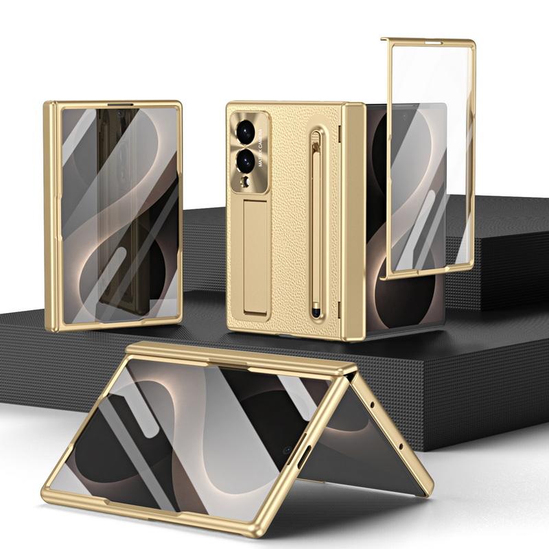 Plating Leather Phone Case For Samsung Galaxy Z Fold 8 Wide 7 6 5 4 TriFold Luxury Hidden Bracket Cover with Pen Slot & S Pen Screen Protector Film