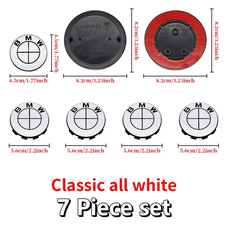 7Pcs Car Front Hood Emblem Wheel Hub Caps All White Logo For BMW M Logo G30 G31 G38 G11 G12 G20 G28 F10 F48 F49 G01 F20 F21 F22