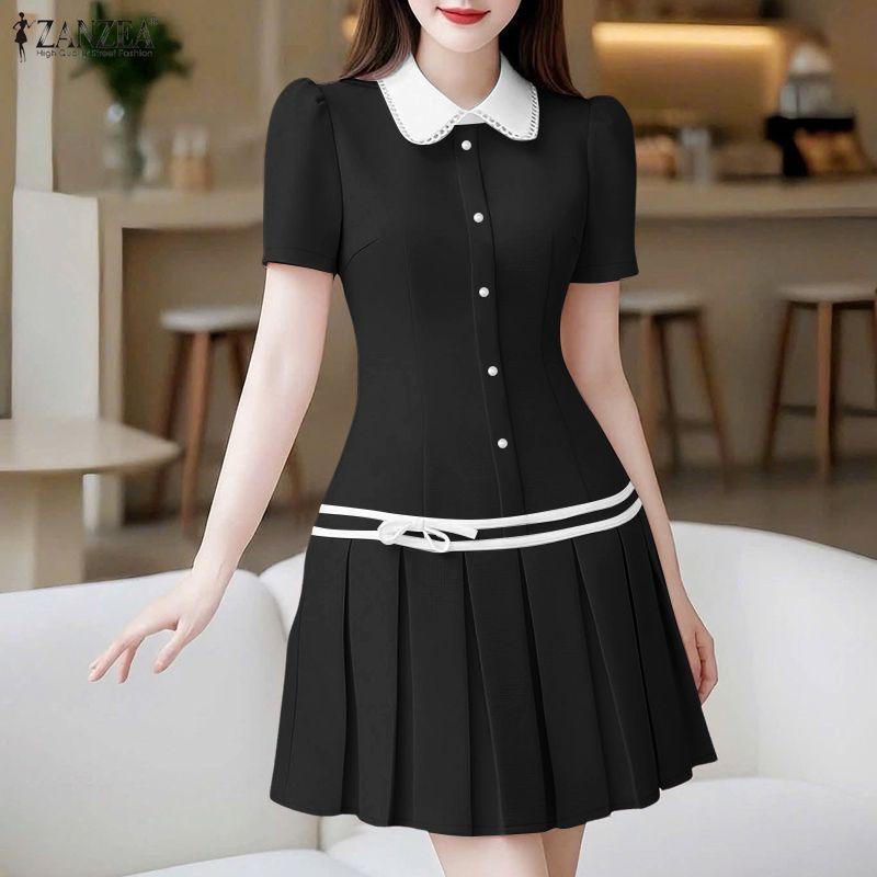 ZANZEA Damen Freizeitkleid mit Puppenkragen Sommer Kurzarm