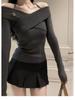 French Slim Fit Off-Shoulder Sweater: Solid Color, Irregular Knit Design for Women - Autumn/Winter Collection