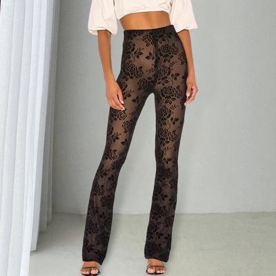 Damesbroek Hoge Taille Borduurwerk Bloemenpatroon Broek met Voering Elastische Stof