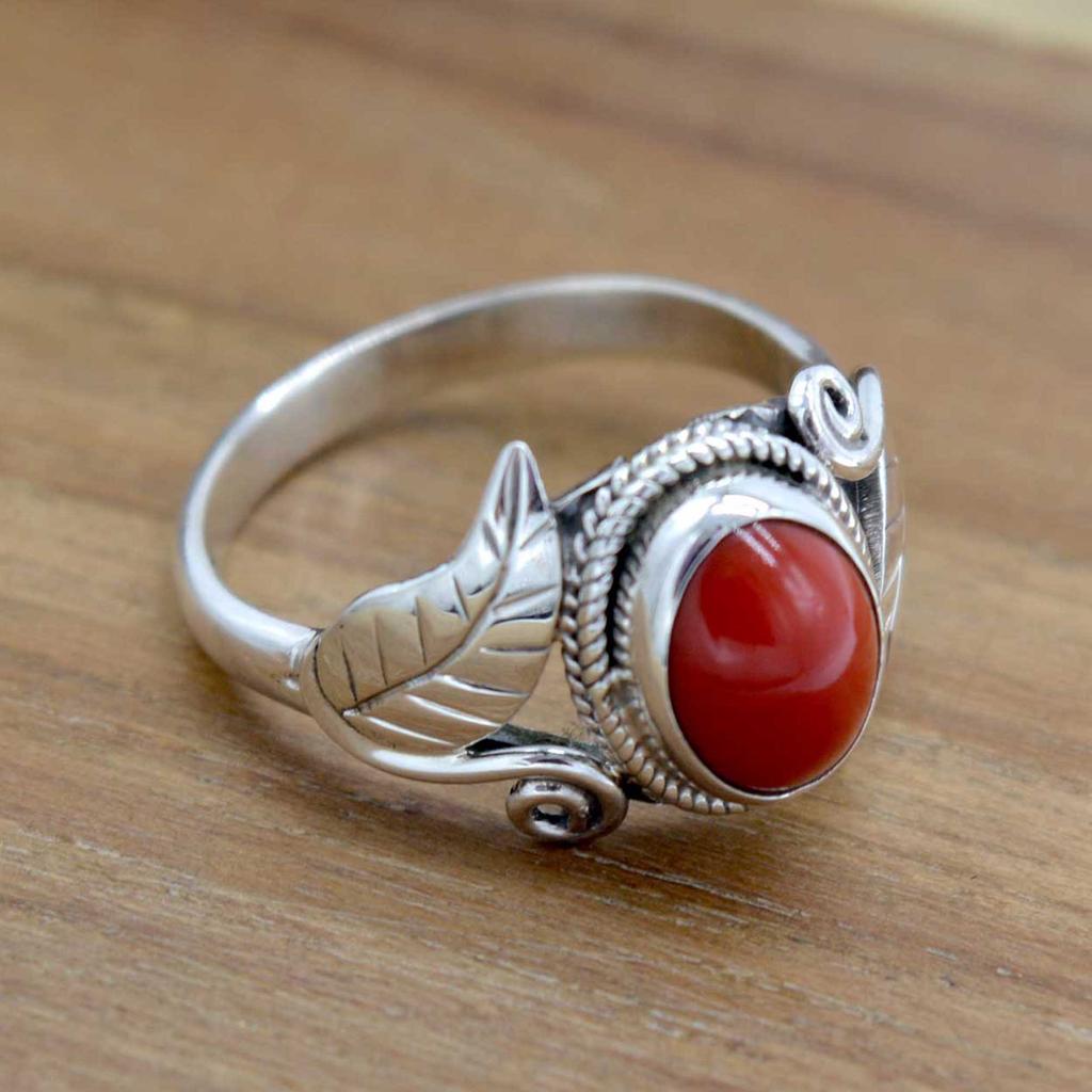 Red Coral 925 Sterling Silver Ring, Gemsotne Handmade Women Ring
