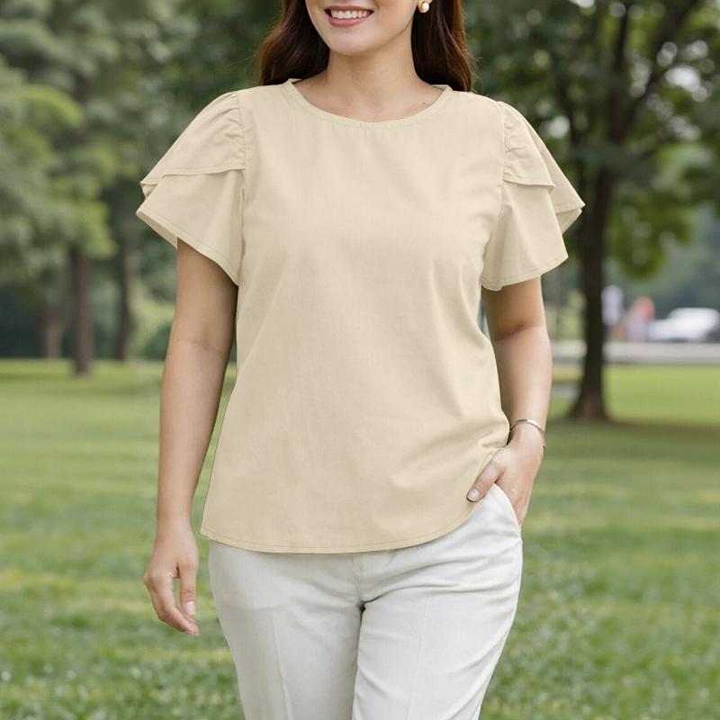 ZANZEA Lässige Bluse mit Rundhalsausschnitt, einfarbig, locker und kurzärmelig für Damen