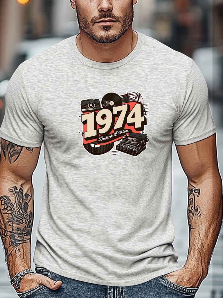 Mens Retro TShirt 1974 Limited Edition Vintage Print Short Sleeve Round Neck Breathable Nostalgic Daily Wear TShirt