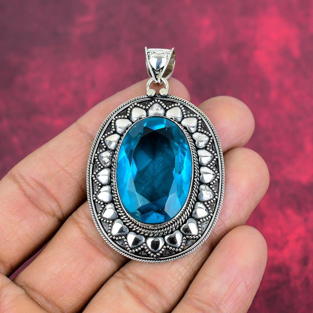 Pendentif en topaze bleue, bijoux en argent sterling massif 925 avec pierres précieuses, pendentif fait main, pour Thanksgiving