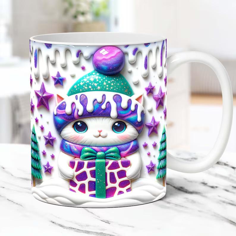 3D Schwarze Katze Schwarze Katze Keramik Kaffee Tasse Highland Rind Weihnachtsmütze Kuh