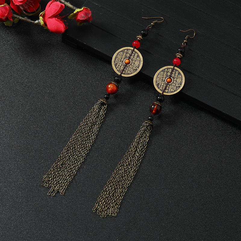 Original Mountain Ghost Spends Money On Copper Coin Earrings, Women's Antique Hanfu Long Fringed Earrings, Niche Design Earrings.