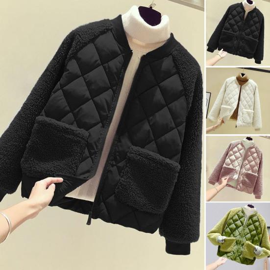 Damen Wintermantel mit Doppeltaschen, Fleece-Patchwork, gepolstert, dick, Rundhalsausschnitt, lange Ärmel, Reißverschluss, Jacke, warme Outdoor-Oberbekleidung