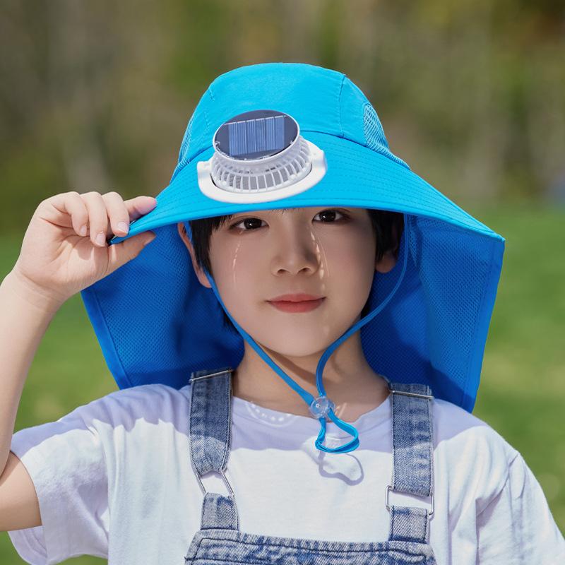 Solar fan hat summer boys and girls sunshade sunscreen hat outdoor outing big brim shawl neck protector bucket hat