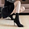 [Spot] Black Pointed Thin Heel High Heel Short Boots Women's Autumn and Winter New Elastic Thin Boots Medium Tube Socks Boots Single Boots