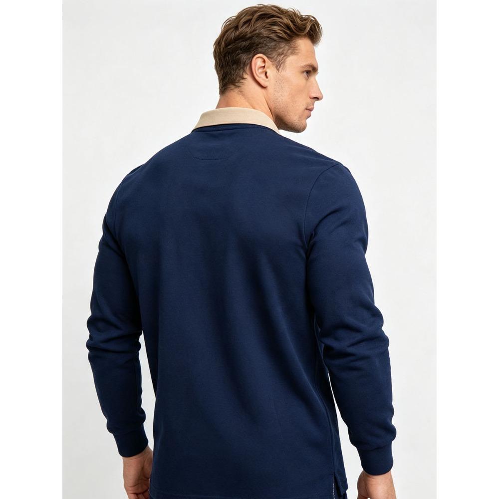 Men's Long Sleeve Polo Shirt with Chest Pocket - Contrast Collar Button Down Casual Top - Slim Fit Business Casual Pullover
