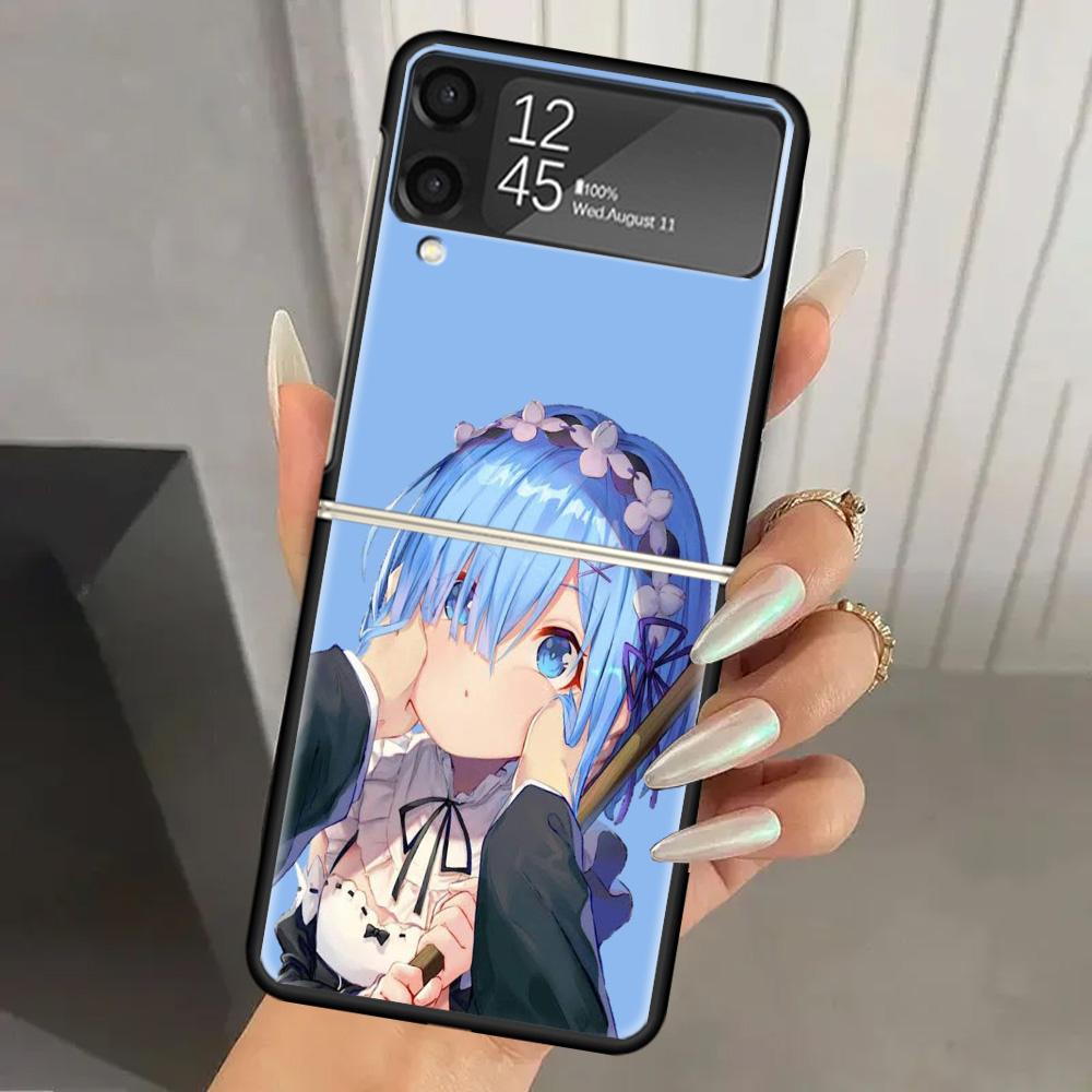 R-Rem Re Zero Anime Hard PC Phone Case For Samsung Galaxy Z Flip 7 6 5 4 3 Black ZFlip7 ZFlip6 Flip5 Flip4 Flip3 5G Print Cover