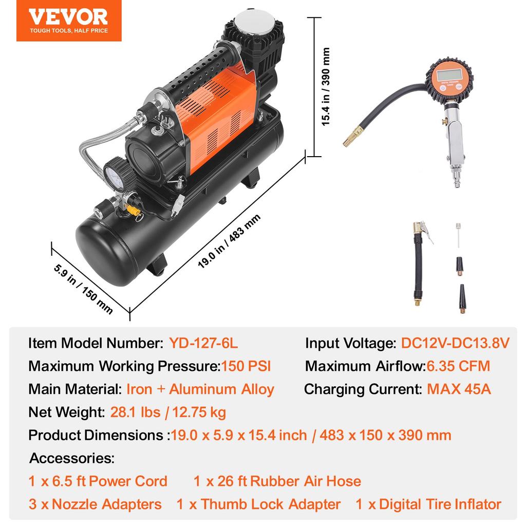 VEVOR 12V Heavy Duty Air Compressor with 6L Tank Kit, 6.35 CFM Portable Tire Inflator