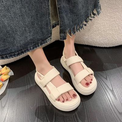 Sommer Flache Sohle Dicke Sohle Sandalen Koreanische Klettverschluss Runde Zehenpartie Lässige Sandalen Damen Brotschuhe Damen