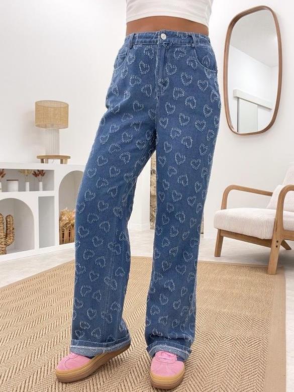 2025 Women's Heart Crochet Washed Straight-Leg Jeans - Autumn/Winter Casual Comfort