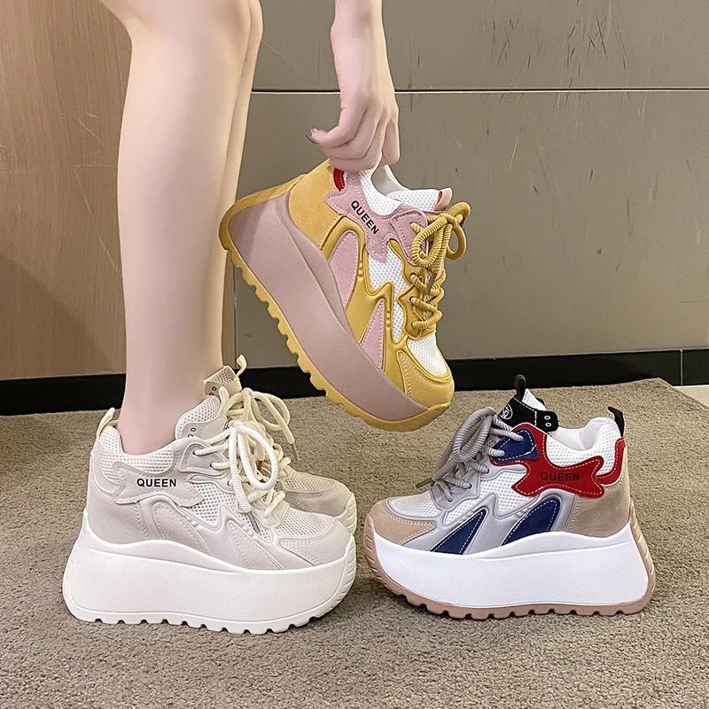 Fashion 10CM Women Casual Leather Sneaker Autumn Lace Up High Platform Shoes Thick Sole Sport Dad Shoes Woman Sneakers Chaussure Femme