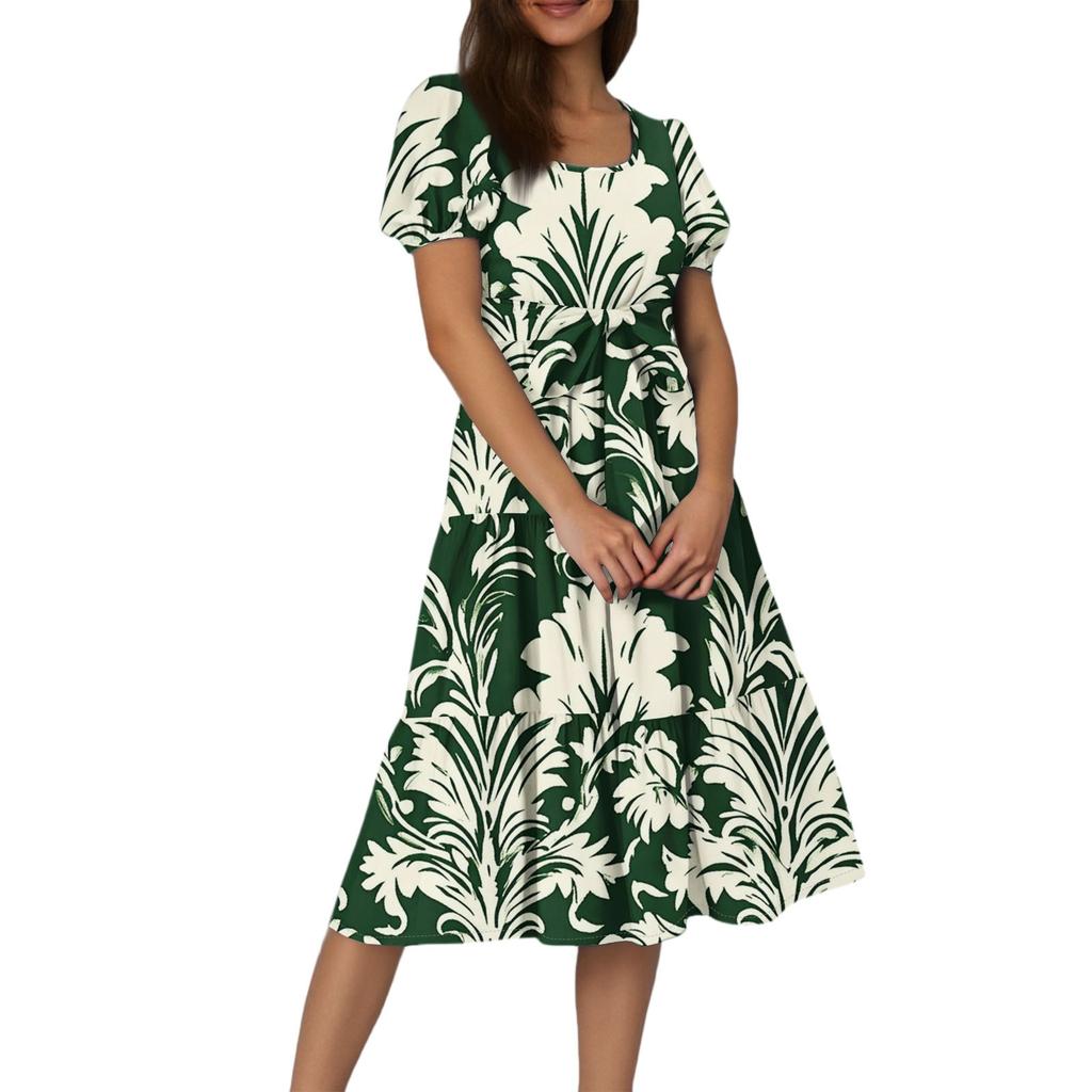 Women's Summer Floral Print Short Sleeves Neck Waistband Bohemian Flowy Maxi Dress With Pockets