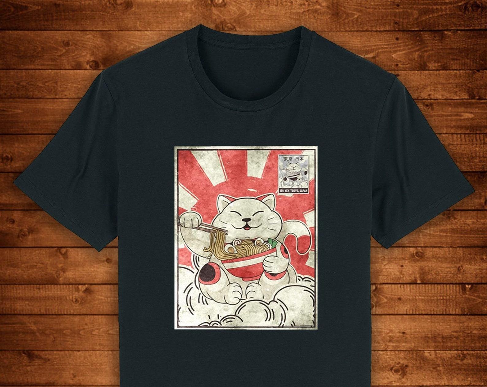 Maneki Neko Cat Ramen T shirt: Japanese Retro Graphic Tee S
