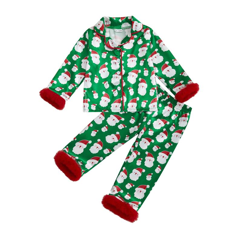 

Baby Girls Boys Christmas Pajama Set Children Santa/Tree Fuzzy Trim Long Sleeve Button-up Tops Elastic Waist Pants 80