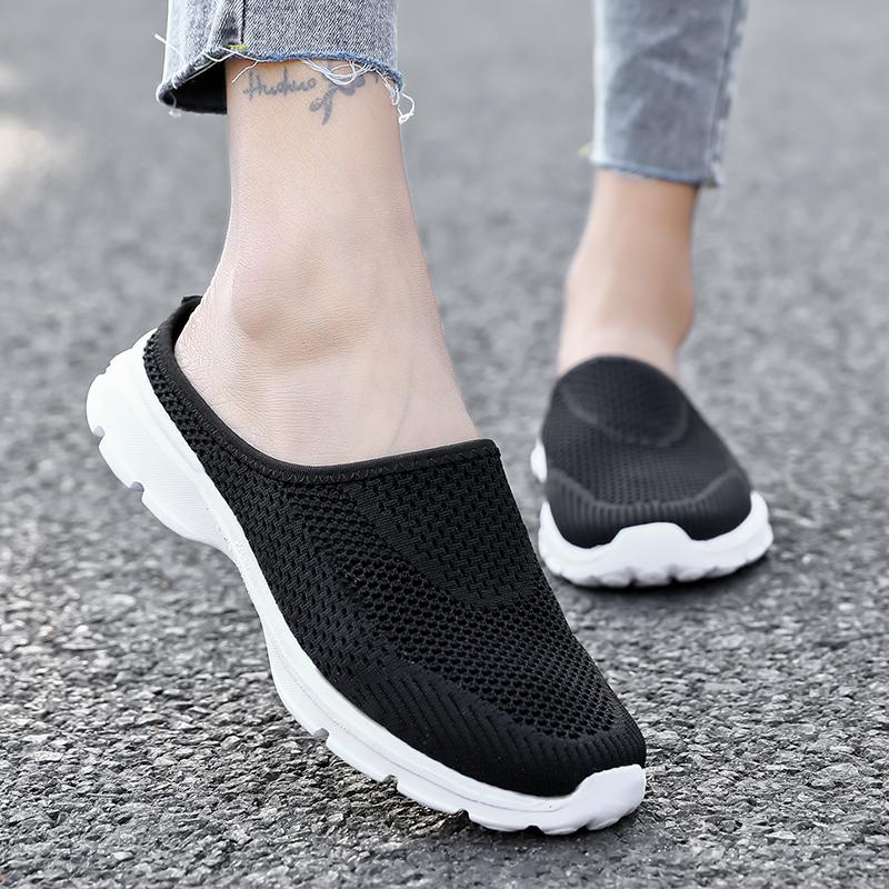 Unisex Slip-on Flats Round Toe Half Slippers Knitted Mesh Walking Shoes Lightweight Big Size 35-48 Leisure Shoes Anti-slip