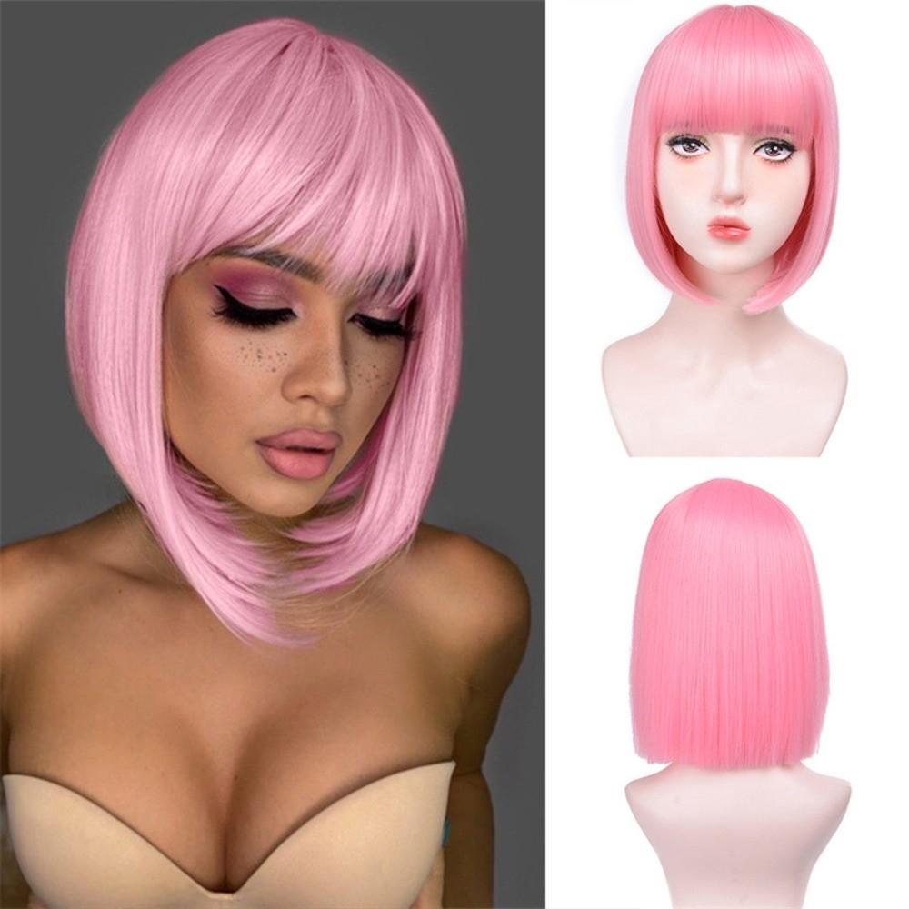 Cosplay Bob Straight Hair Wigs Harajuku Pink Black Orange Short Wigs Women Layered Wig Carnival
