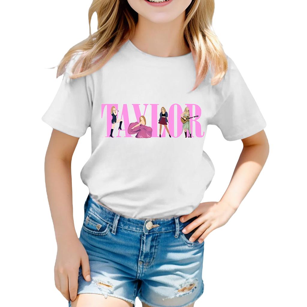 Summer Round Neck 3D Guitar Printed Top Fashionable Casual Short Sleeved Children's Girl T-shirts