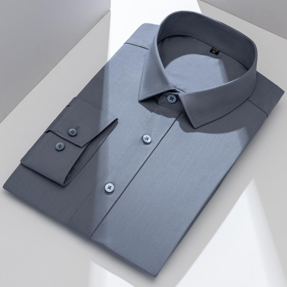 Camisa de Vestir Clásica para Hombre de Manga Larga y Color Sólido con Cuello Extendido Sin Bolsillo Ajuste Regular Comodidad para Todas las Estaciones Elástica Fibra de Bambú Camisa para Oficina de Negocios