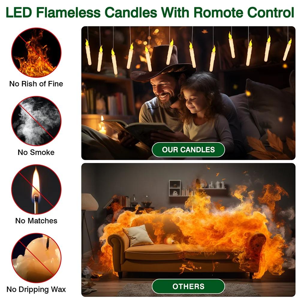 12pc Set LED Flameless Floating Candle with Wand Remote Timer Battery Powered Flickering Christmas Candles for Home Window Decor