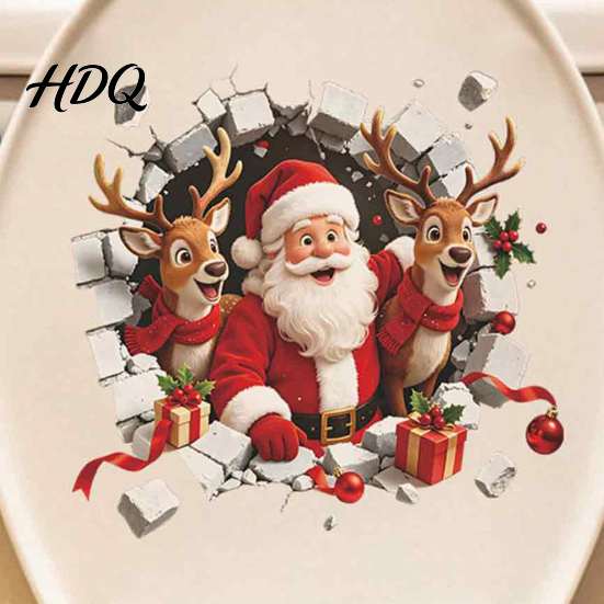 Santa Claus Bathroom Decor 3D Break Through Wall Reindeer Toilet Sticker, Self-Adhesive Christmas Realistic Stickers Decal, Waterproof Lid for