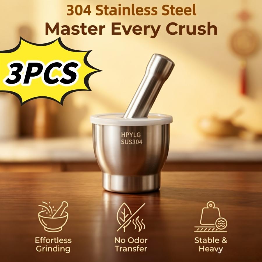 3 Pc 304 Stainless Steel Garlic Press Mortar with Lid Manual Grinder for Home Garlic Paste and Medicine Grinding