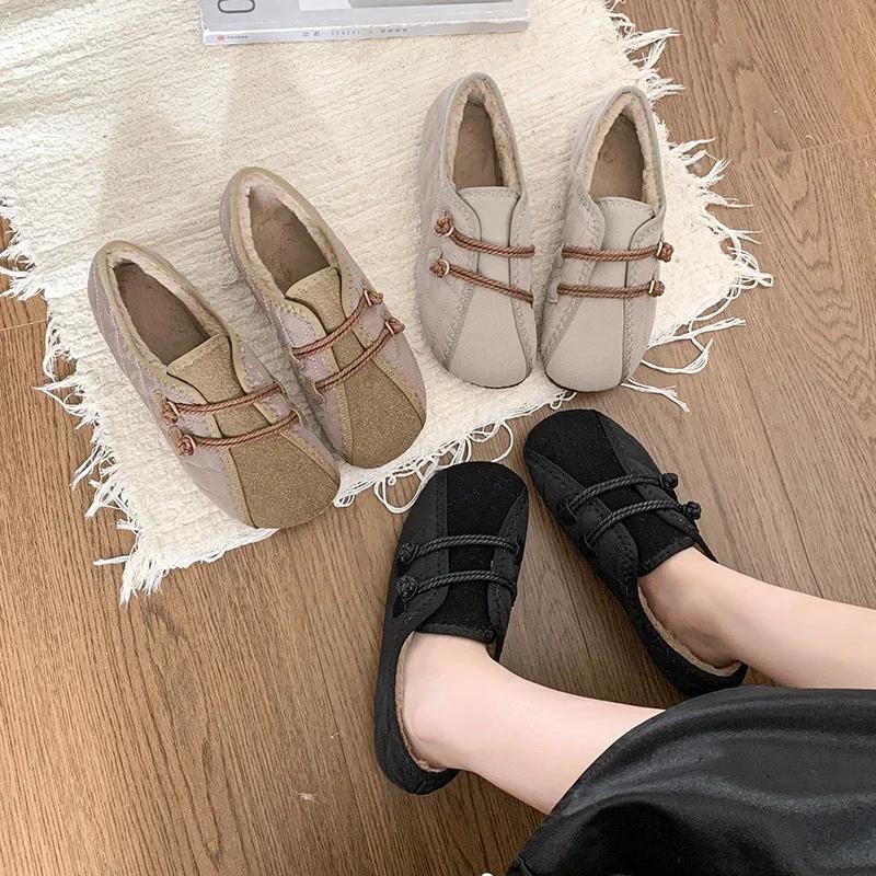 2025 Winter New Velvet Warm Trendy Retro Comfortable Round Head Flat Bottom Warm Bean Cotton Shoes Plus Size 41 42 Female New