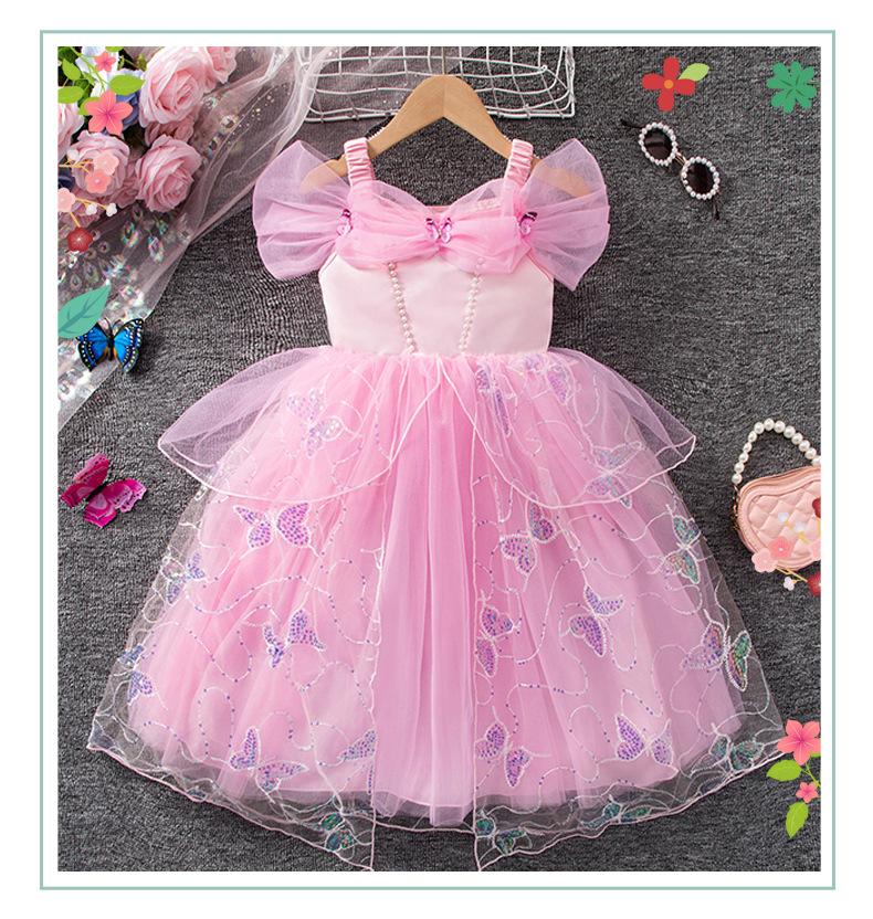 Girls Pink Butterfly Princess Dress: Summer Children s Fashion Tulle Balloon Party Birthday Dress 100cm