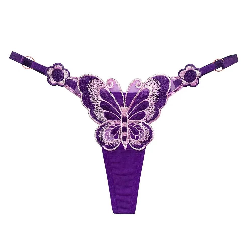 European Exquisite Butterfly Embroidered Thong Sweet Flower Perspective Lingerie Women Sexy Adjustable Briefs