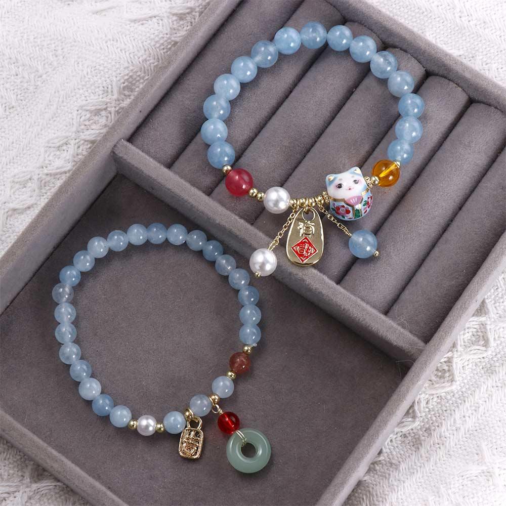 Maneki Neko Ethnic Style Fortune Cat Lucky Cat Pendant Korean Style Bracelets Bead Bracelets Stone Bracelets Female Hand Chain