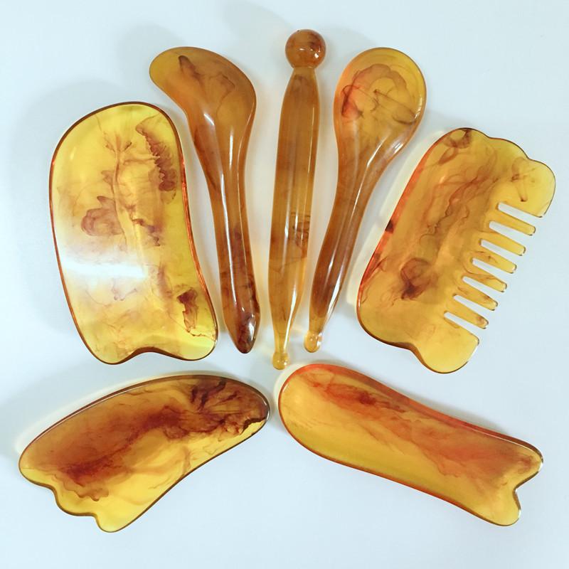 7Pcs / Set  Acupuncture SPA  Massager Antistress Scraping Board Resin Beeswax Amber Meridian Massage Tool Scraping Board Set