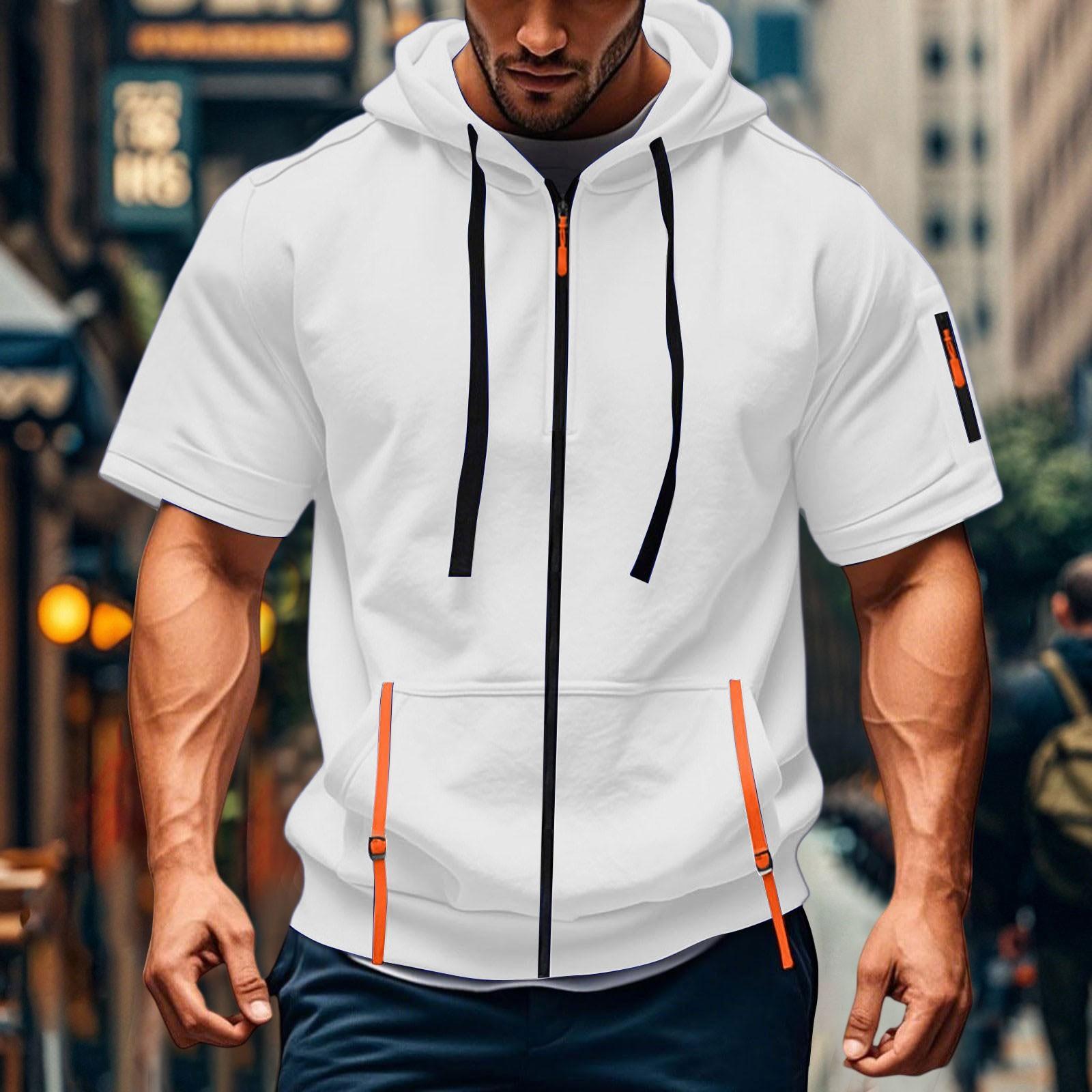 

Мужская повседневная толстовка с коротким рукавом. Свободная и дышащая толстовка-куртка однотонной расцветки с несколькими карманами и молнией. M белый