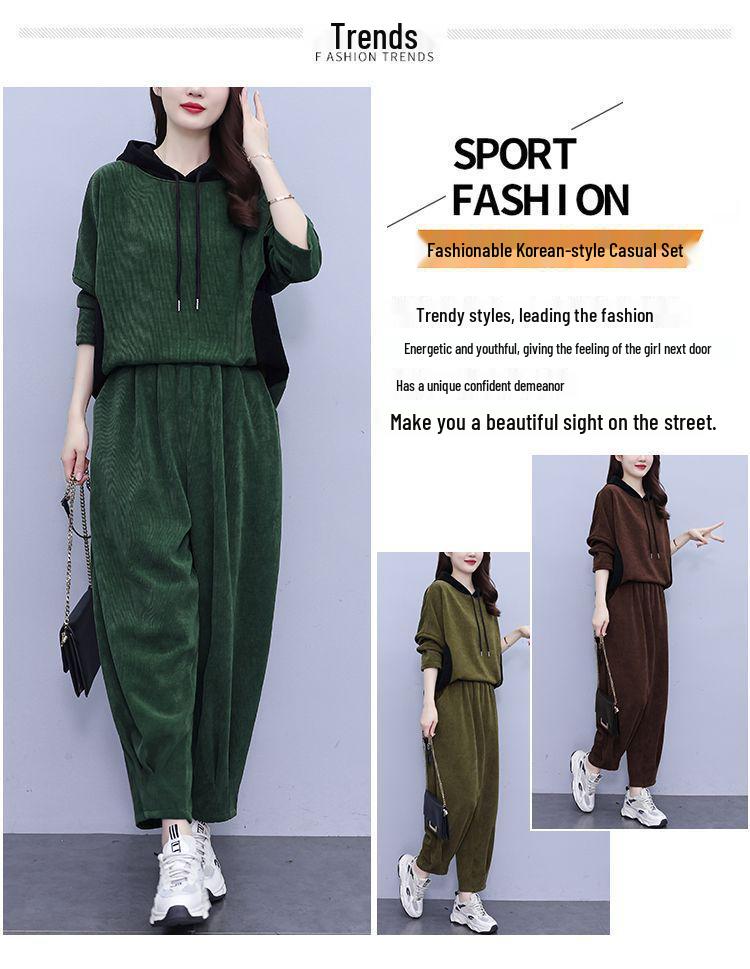 Zesílený manšestrový módní set s kapucí - Nadměrná velikost podzimní ležérní dvoudílný outfit